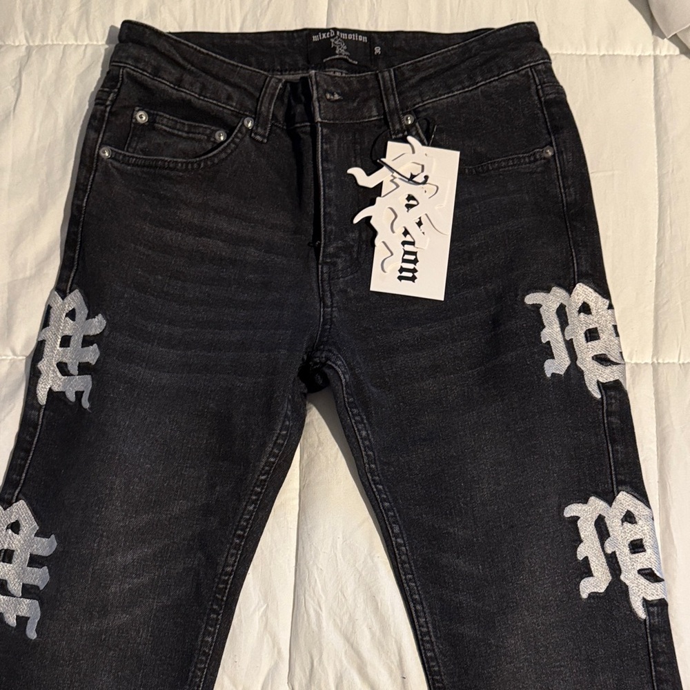 MIXED EMOTION Authentic- Black Denim Jeans with White Lettering